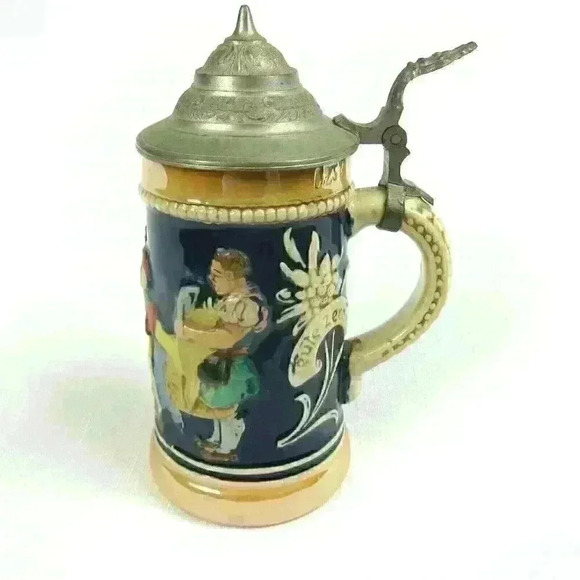 Vintage Beer Stein Pottery Bar Scene Pewter Lid 1921-50s West Germany 0.25 Liter - Picture 5 of 12